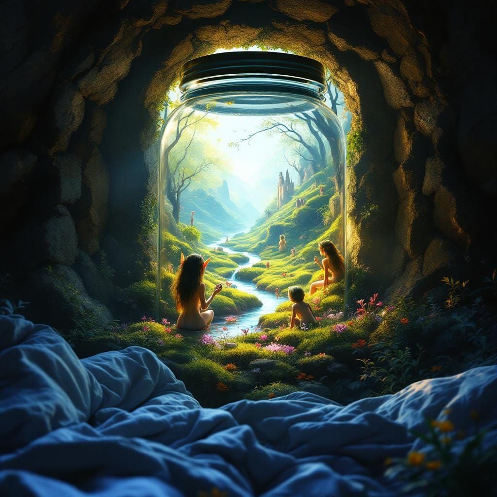 Miniature Elf Kingdom Inside a Jar, Detailed Matte Painting