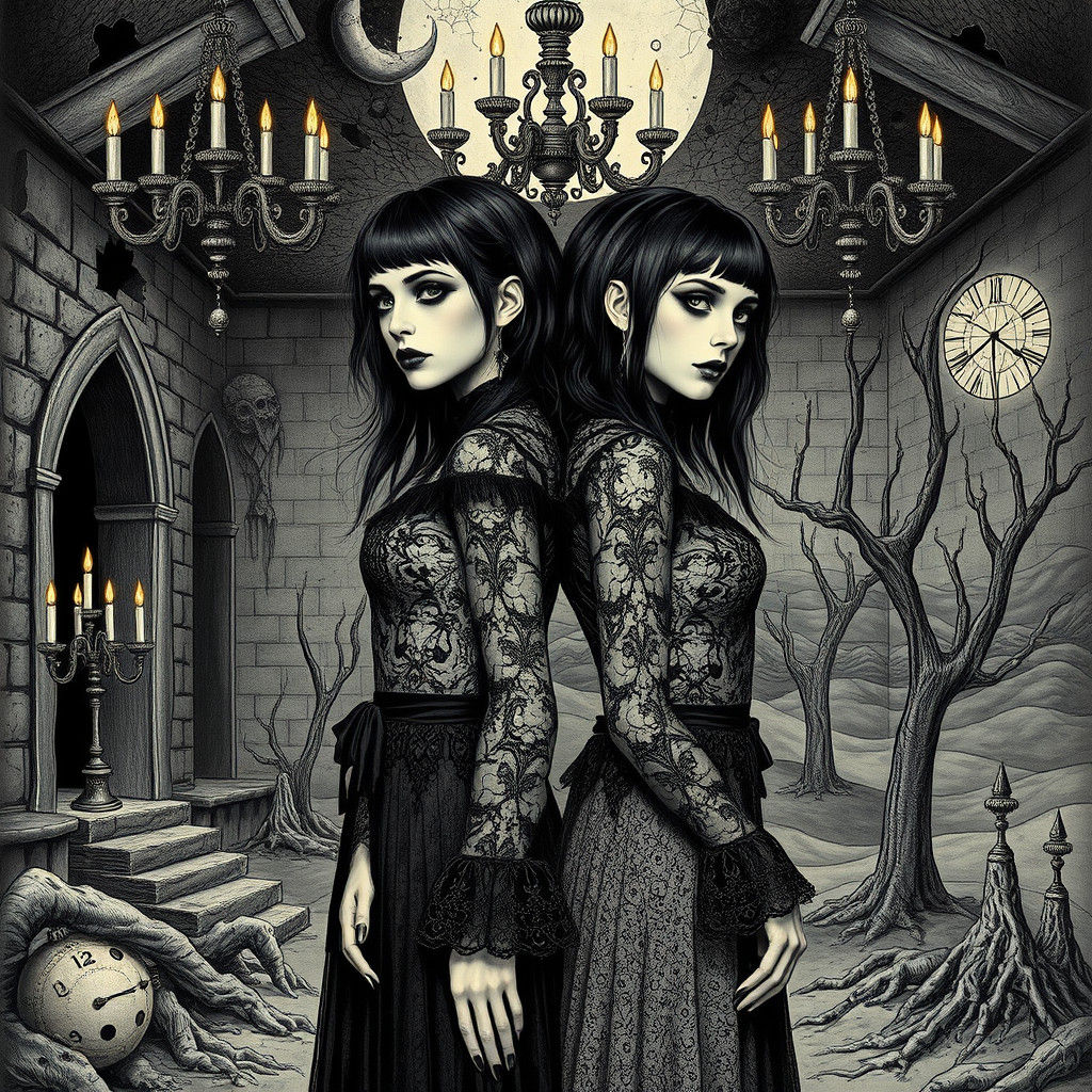 Goth Twins in Haunted House: Surrealist Heavy Metal Art