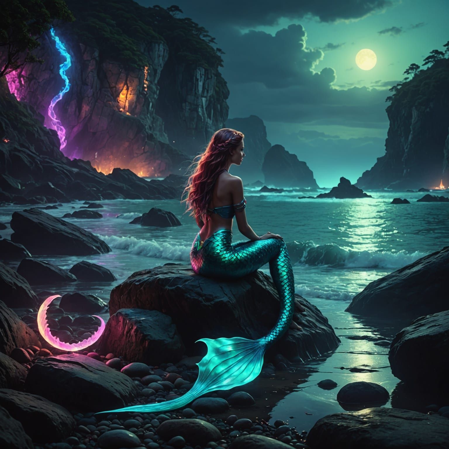 Neon Mermaid on Seaside Rocks: Digital Matte Painting