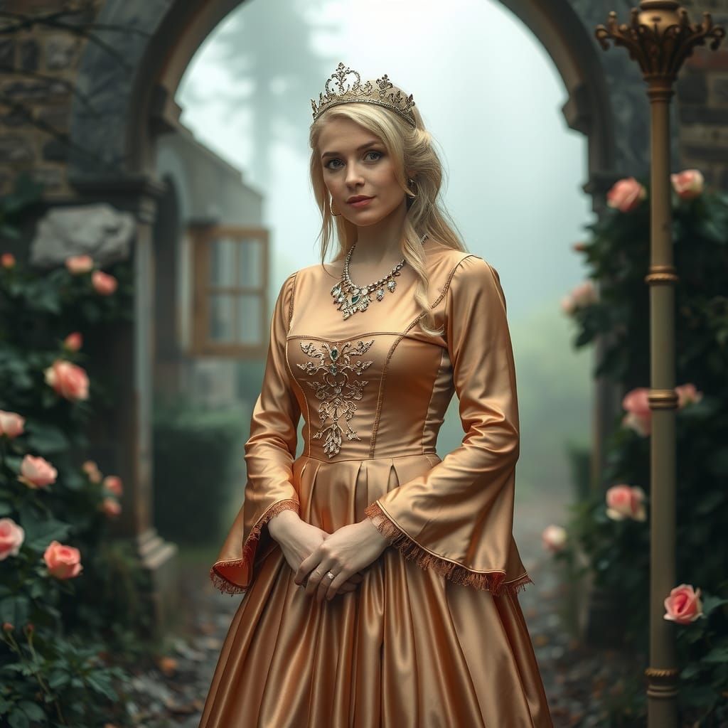 Victorian Blonde in Forest Ruins with Roses