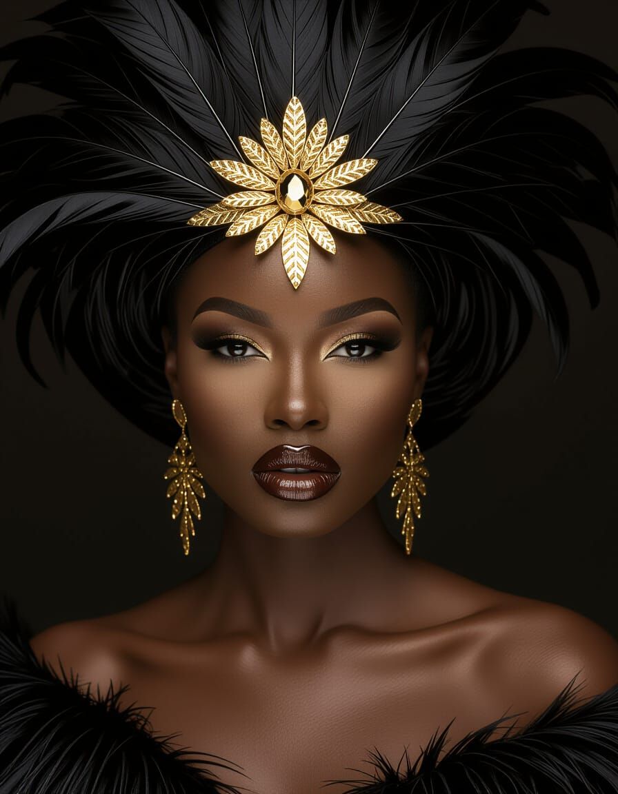 Striking Portrait of Woman with Feathered Headdress