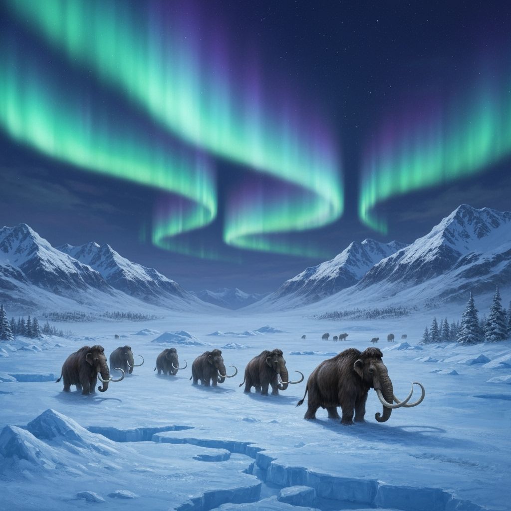 Woolly Mammoths Under Aurora Borealis in Painterly Style