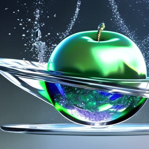 Emerald Apple in Crystal Bowl: Hyperrealistic 3D Art