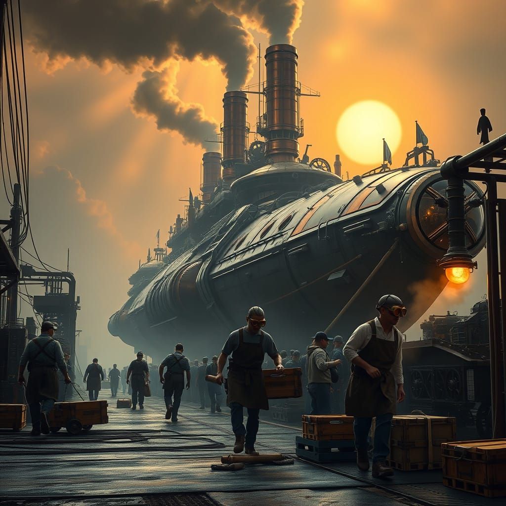 Steampunk Masterpiece: Workers on Loading Dock with Majestic...