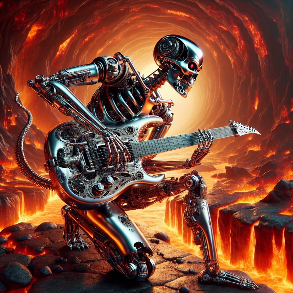 Cyberpunk Skeleton Cat Plays Steampunk Guitar in Hellish Lan...
