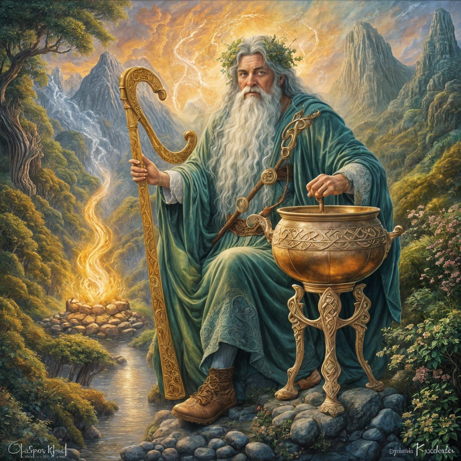 The Celtic God; Dagda, with his Magical Harp and Cauldron