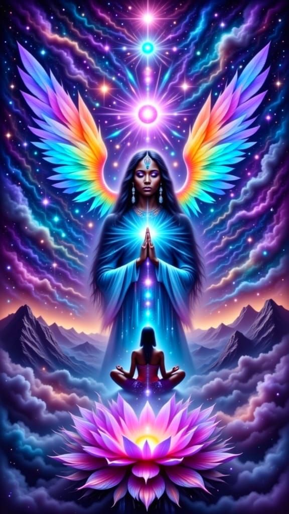 Celestial Goddess in Deep Meditation Amidst Cosmic Bloom