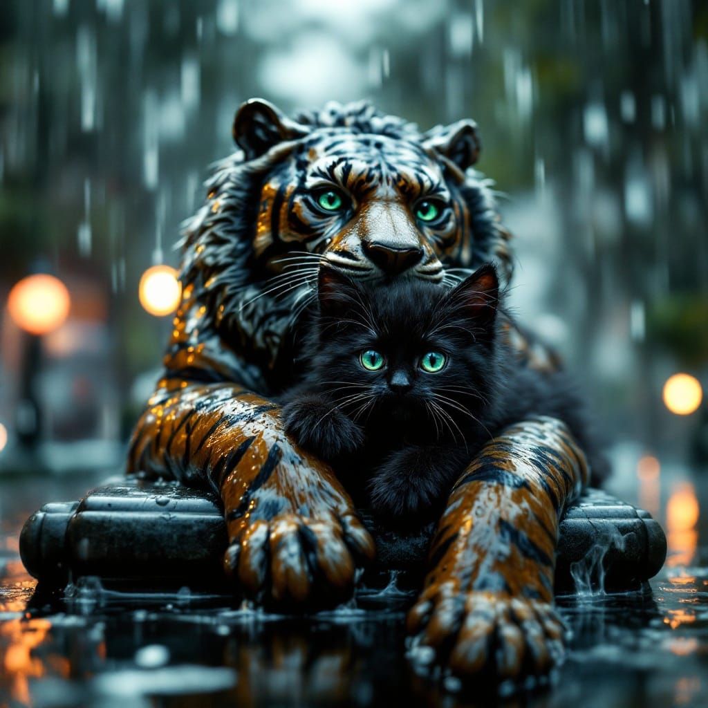 Kitten and Bronze Tiger Statue in Torrential Rain