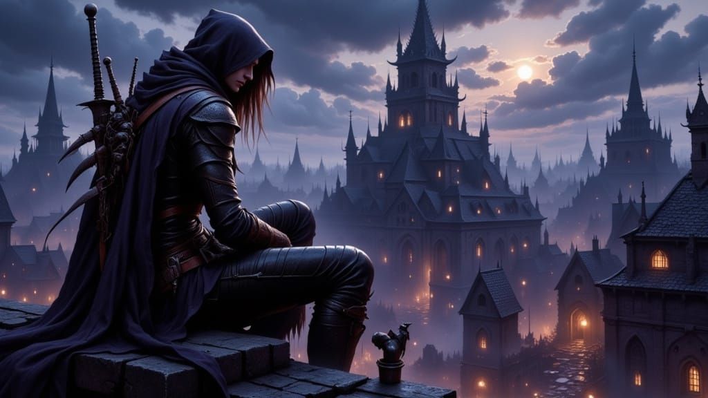 Elf Rogue in Fog-Bound City: Dark Fantasy Art
