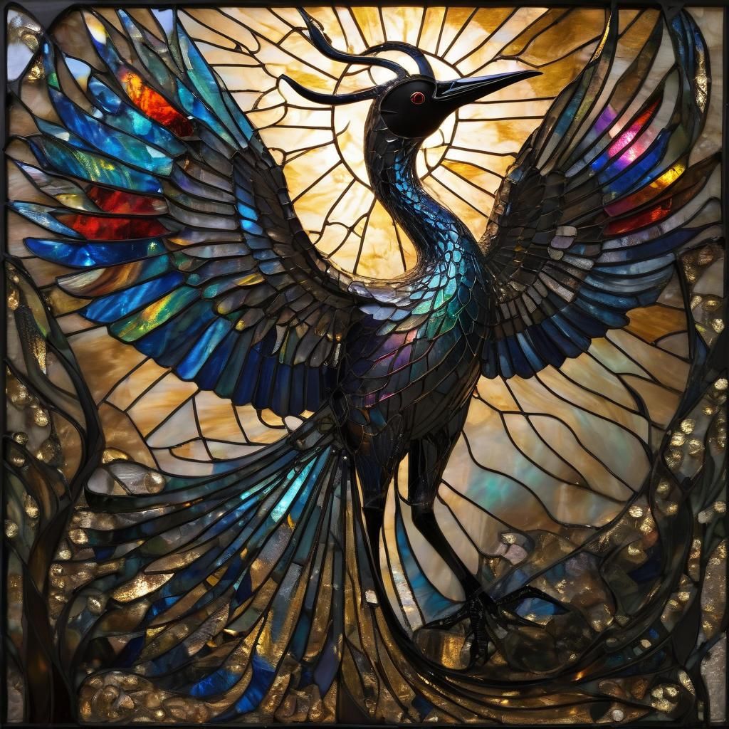 Mythical Jabiru Bird in Black and Gold Stained Glass