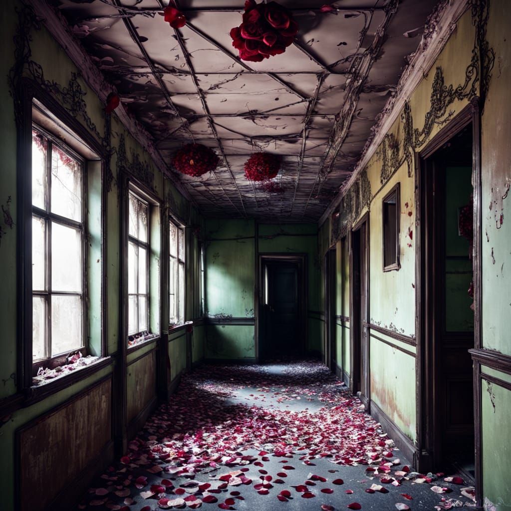 Haunted Love Hotel with Ghostly Rose Petals and Cobwebs