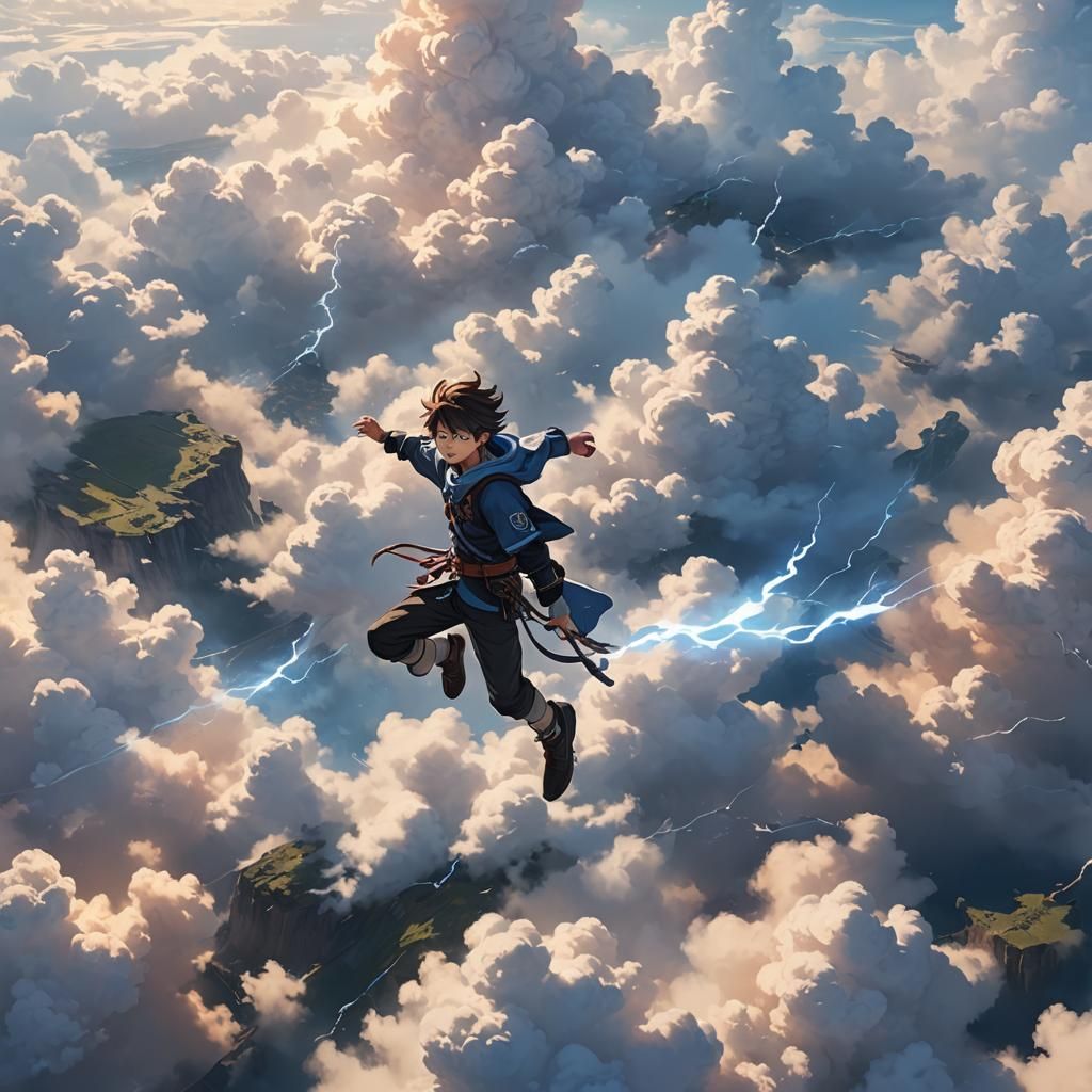 Anime Adventurer Soaring Through Clouds in 3D