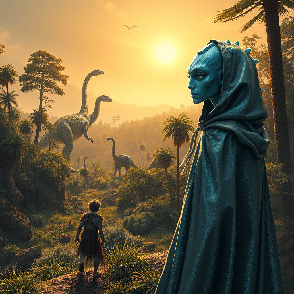 Alien Meets First Human and Dinosaur in Prehistoric Scene