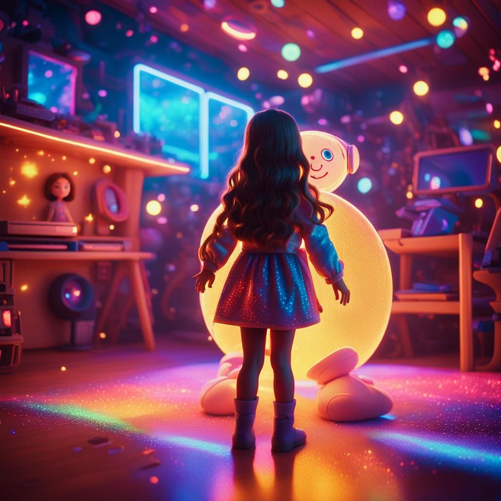 Girl Dancing with Holographic Doll in Attic