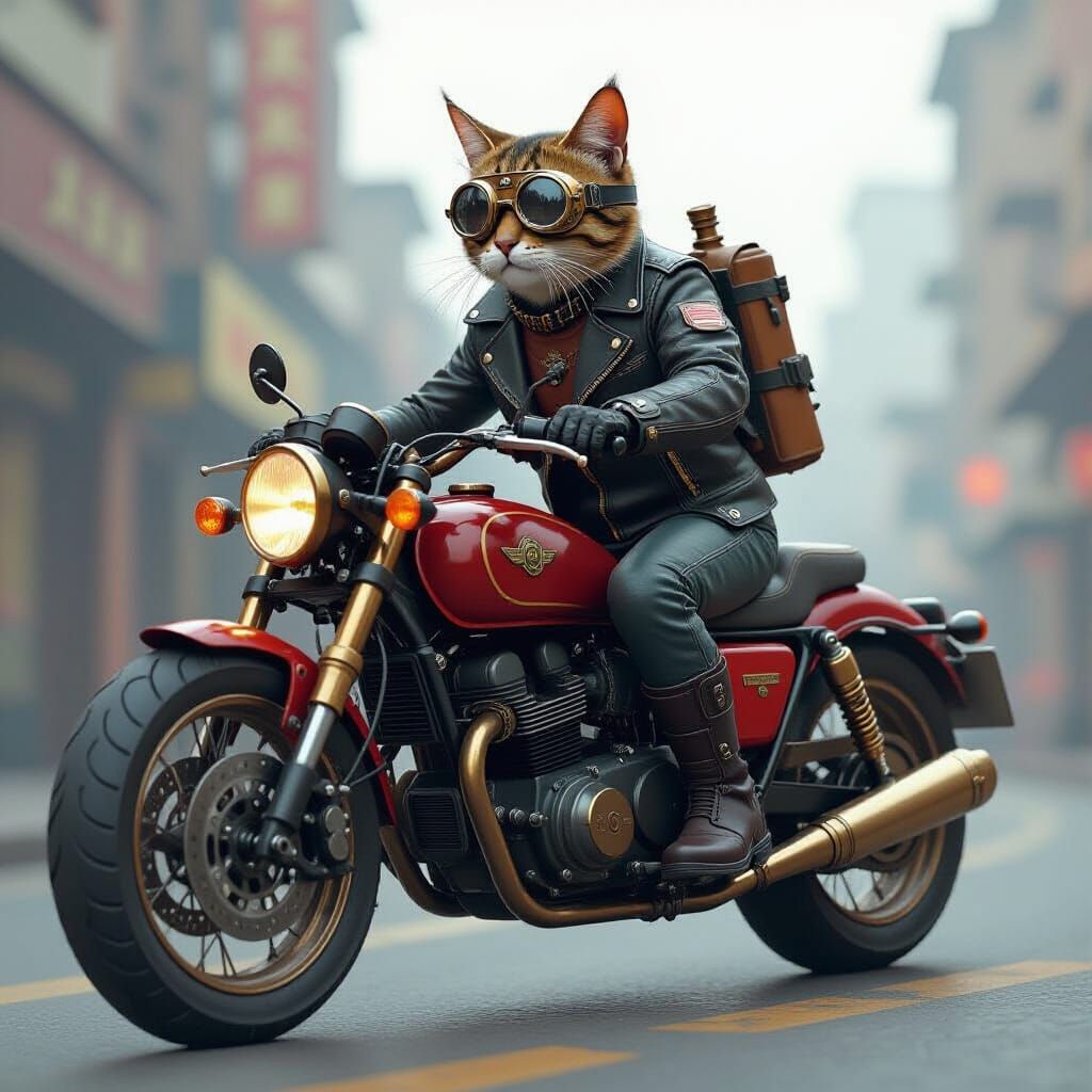 Rebel Cat Rides Steampunk Motorbike in Syd Mead Style