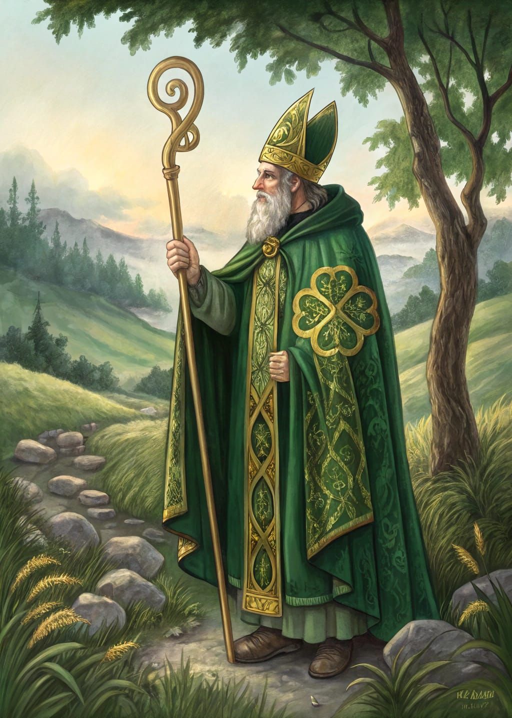 Emerald Bishop in Whimsical Irish Landscape