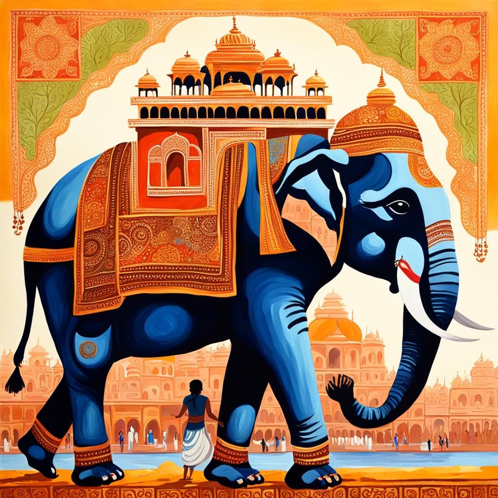 Sacred Elephant with City on Back, Gouache Painting