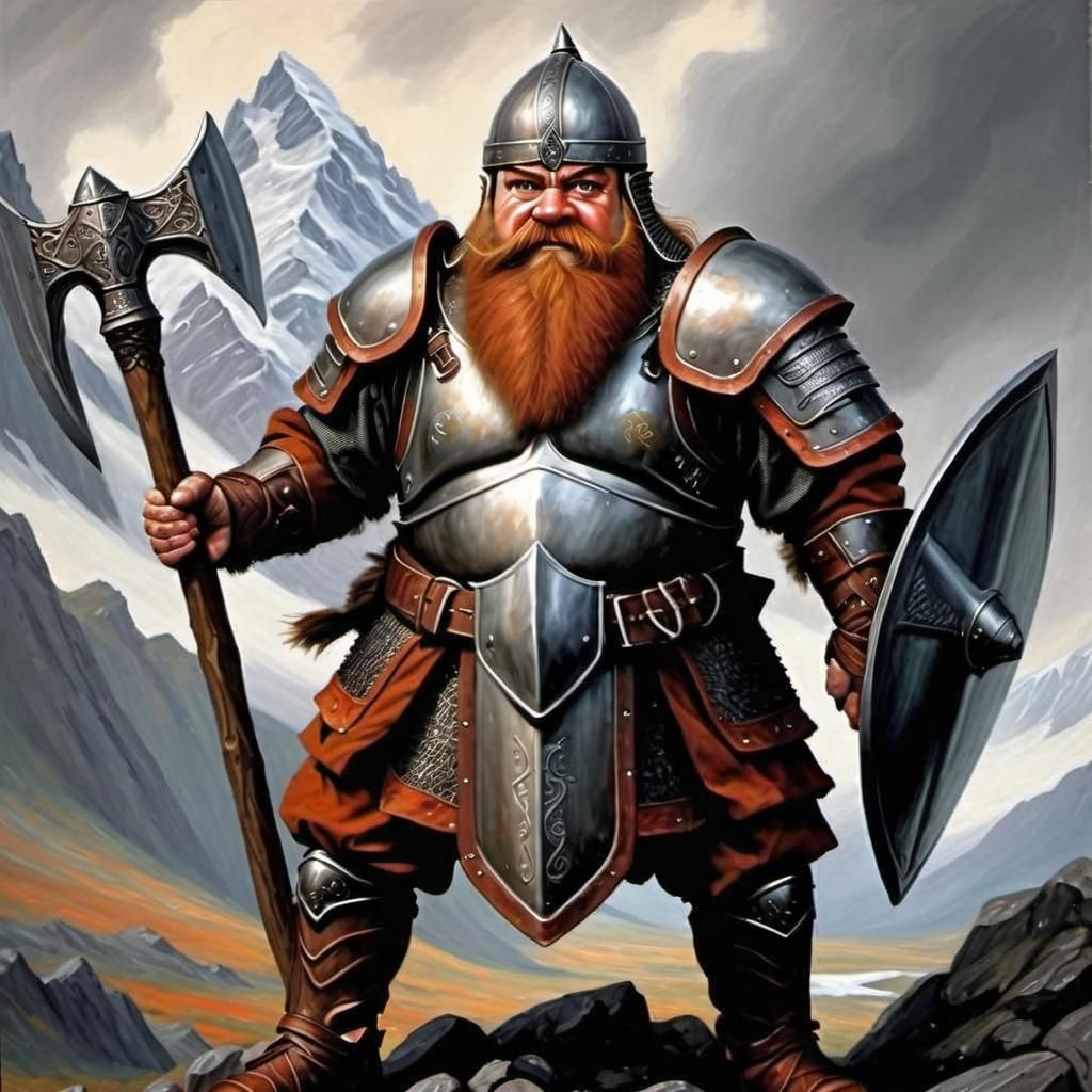 Dwarf Warrior in Misty Mountains, Oil Painting