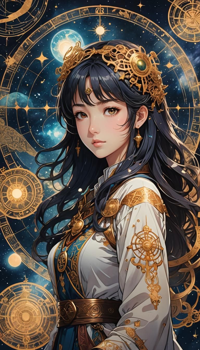 Celestial Woman with Magical Atlas in Anime Style