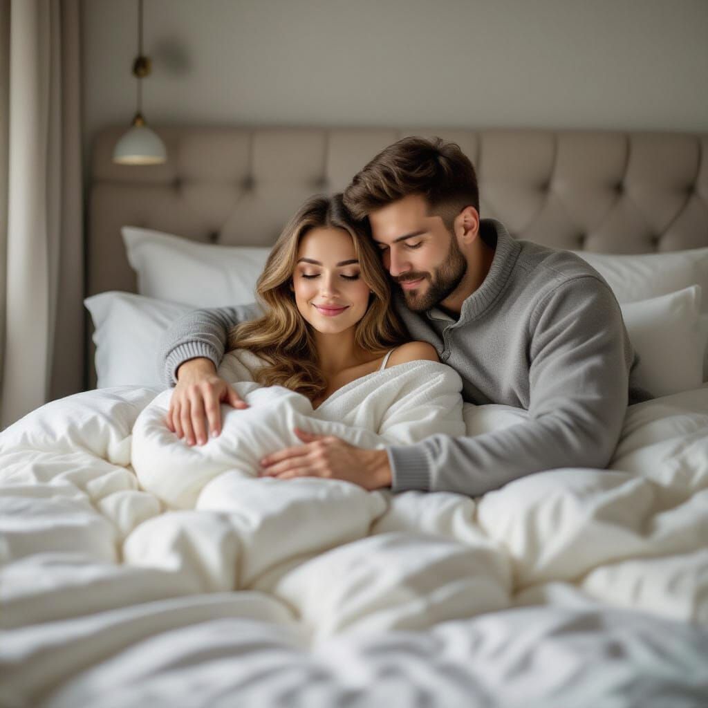 Luxurious Bedroom Morning Scene with Couple and Breakfast