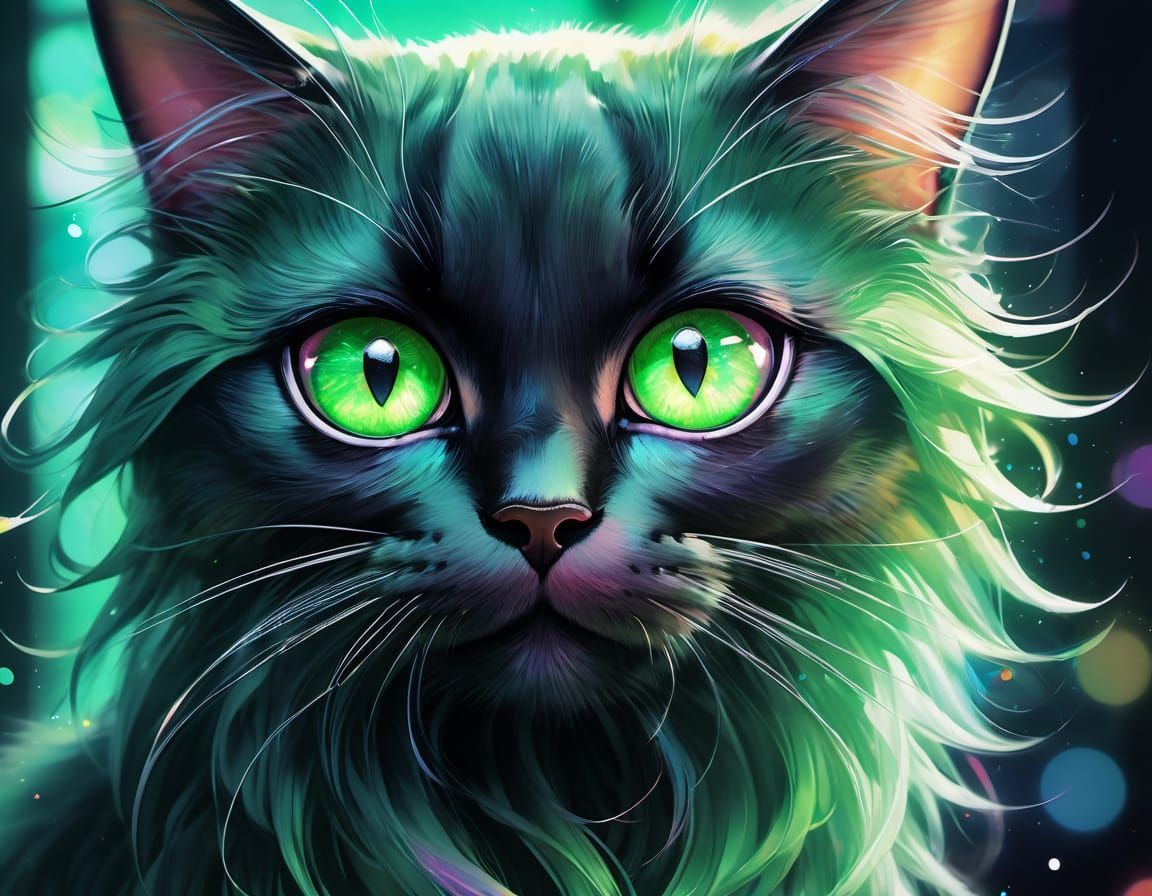 Vibrant Anime Portrait of a Frazzled Black Cat with Big Gree...