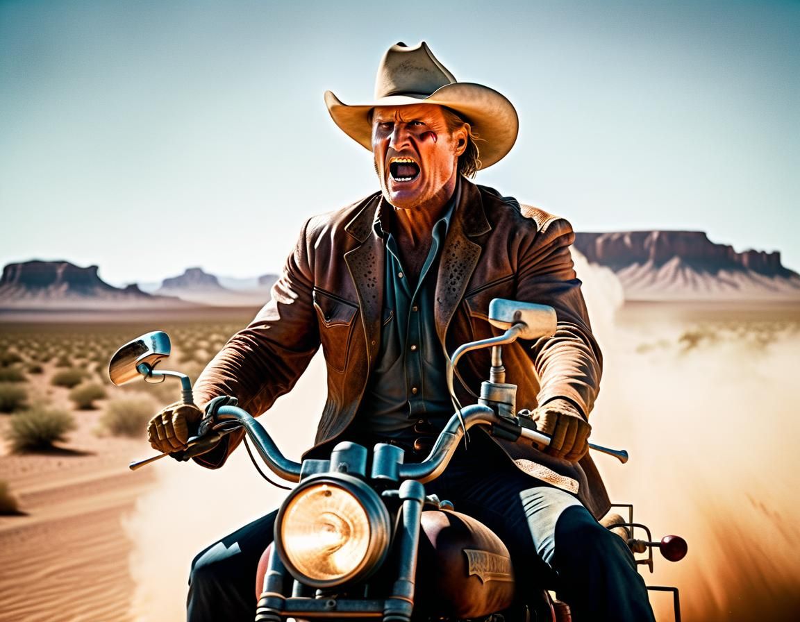 An angry cowboy riding his motorcycle in the desert. IS that...
