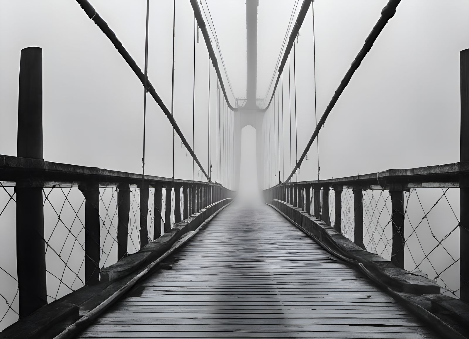 Suspension Bridge Disappearing into Murky Fog