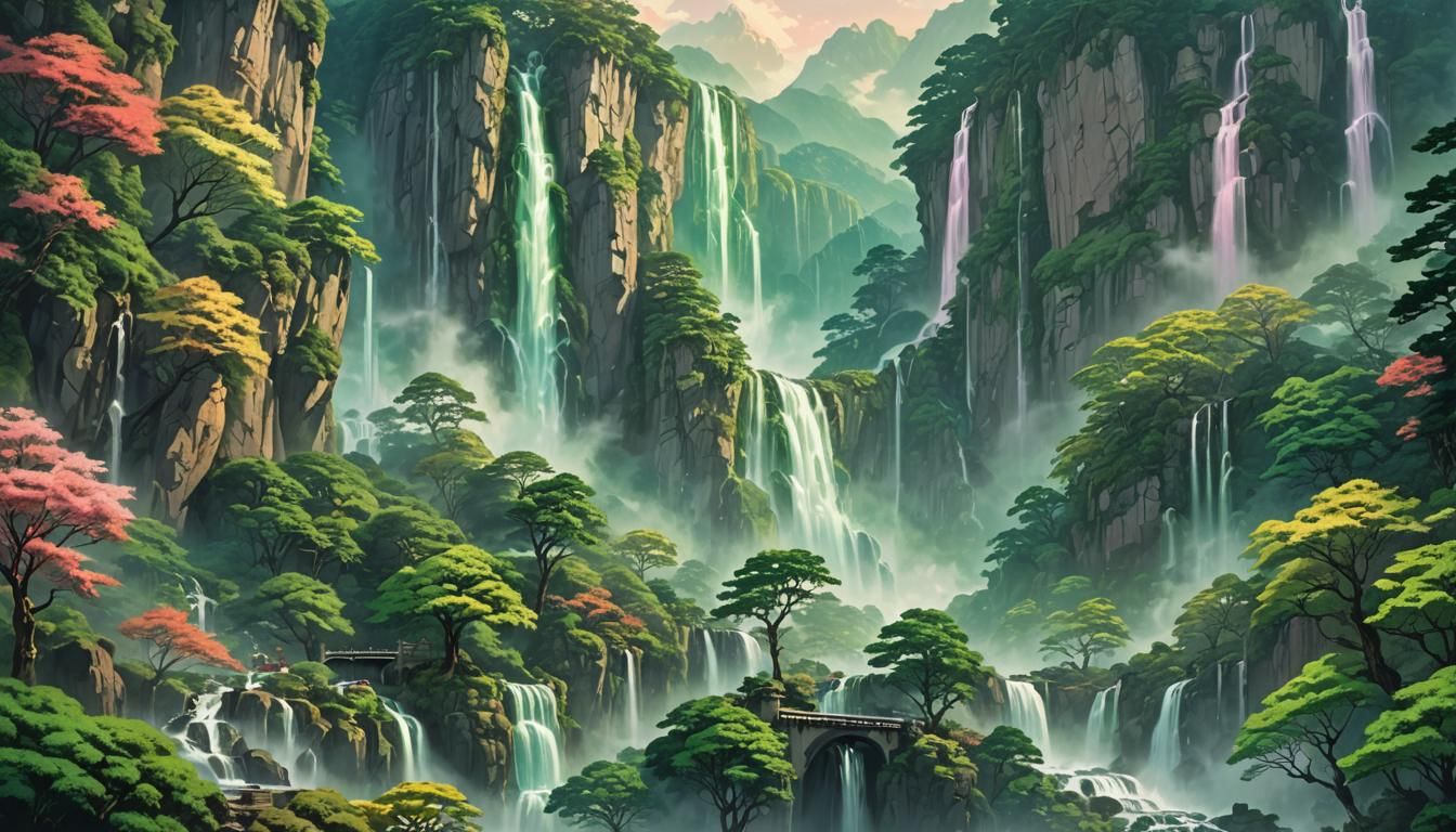Imperial Fantasy Landscape with Grand Waterfall