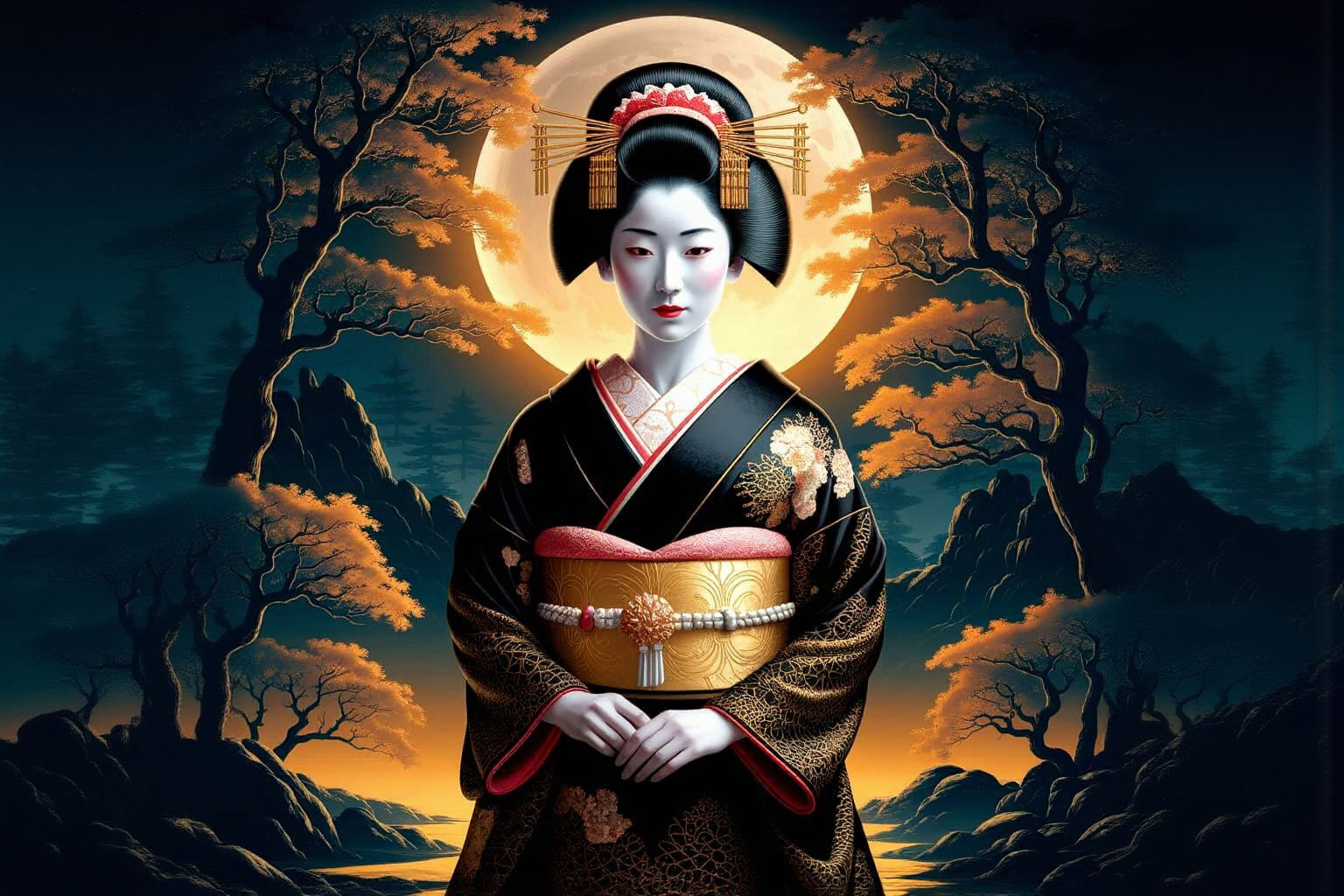 Elegant Geisha in Moonlit Forest, Oil Painting
