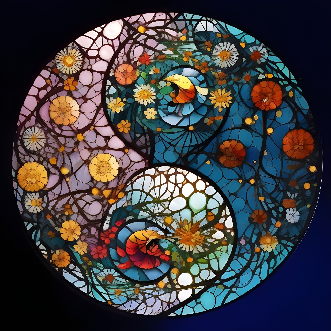 Floral Yin Yang in Stained Glass Style