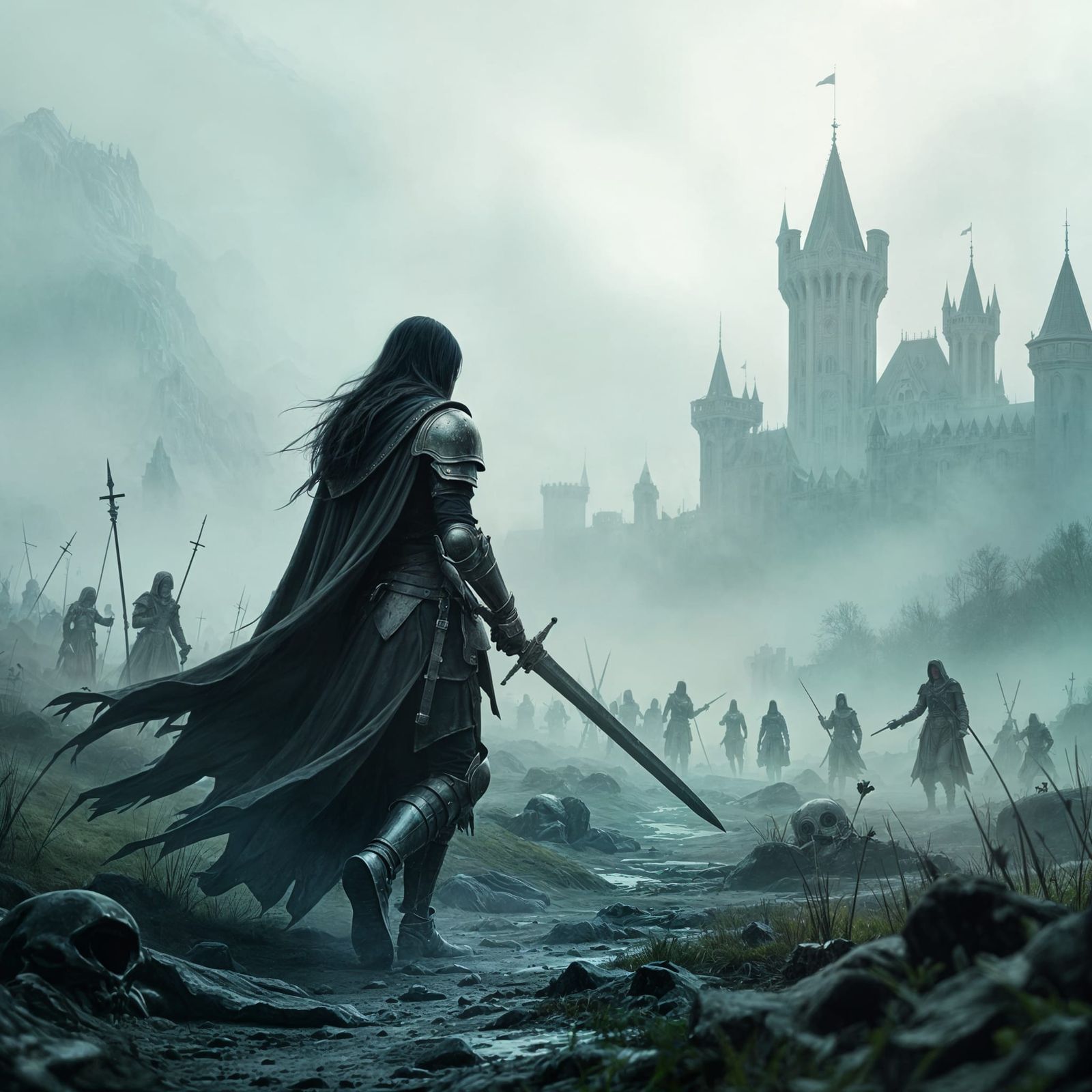 Lone Female Knight on Misty Medieval Battlefield