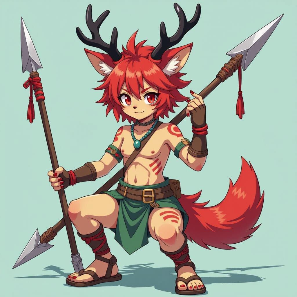 Anime Beastkin Warrior with Spear in Fantia Style