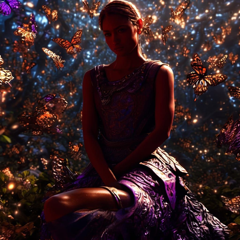 Mystical Warrior Amidst Ethereal Glow and Butterflies