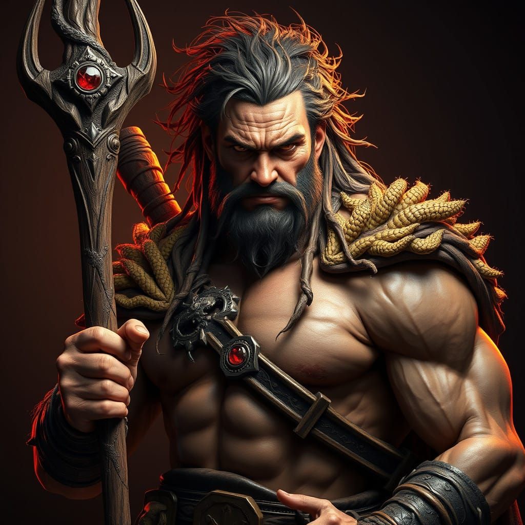 Rugged Druid in Earthy Armor with Ruby-Tipped Staff, Photore...