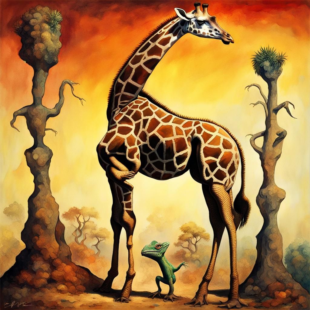 Surreal Giraffe-Iguana Dreamscape in Watercolor Style