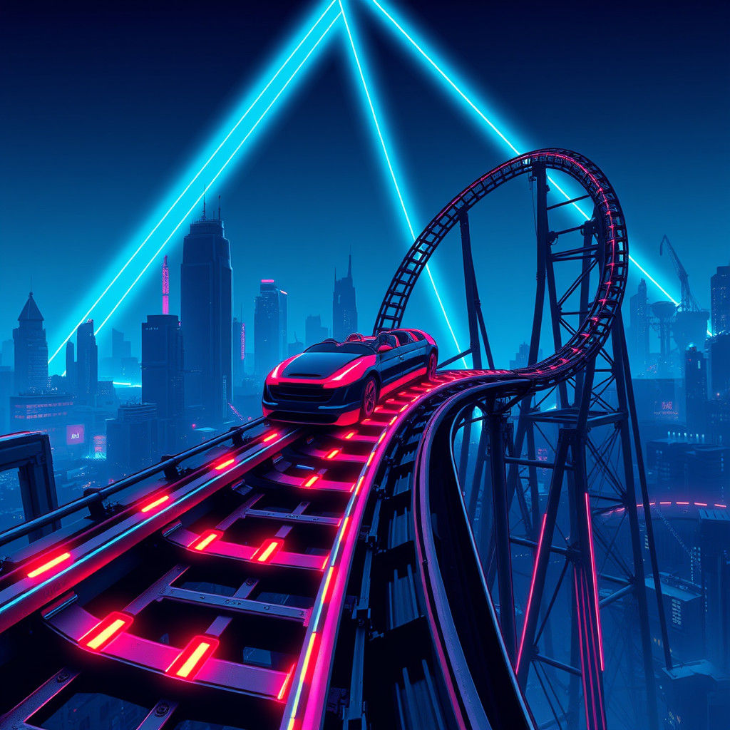 Neon Roller Coaster in Dystopian Cyberpunk City