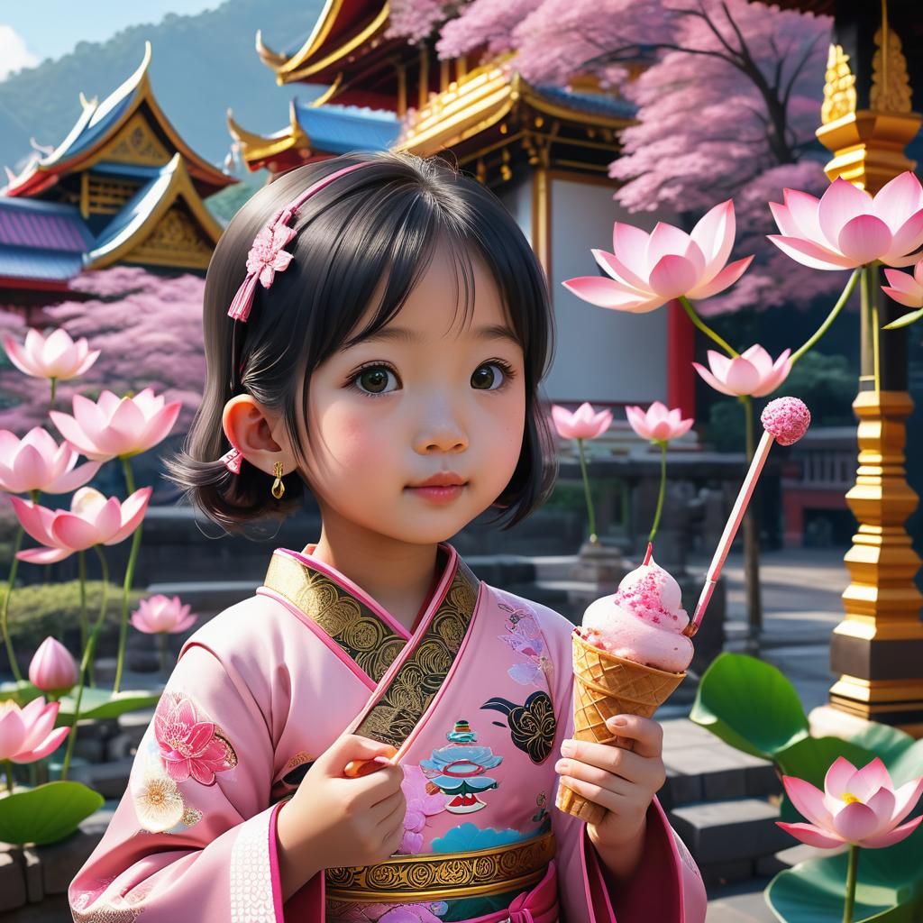 Japanese Girl with Lotus Ice Cream, Anime Style