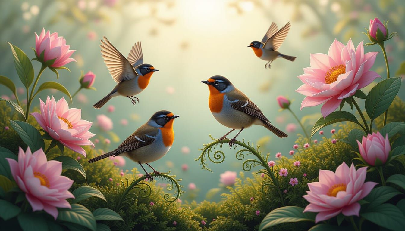 Surreal Garden with Robins in Art Nouveau Style