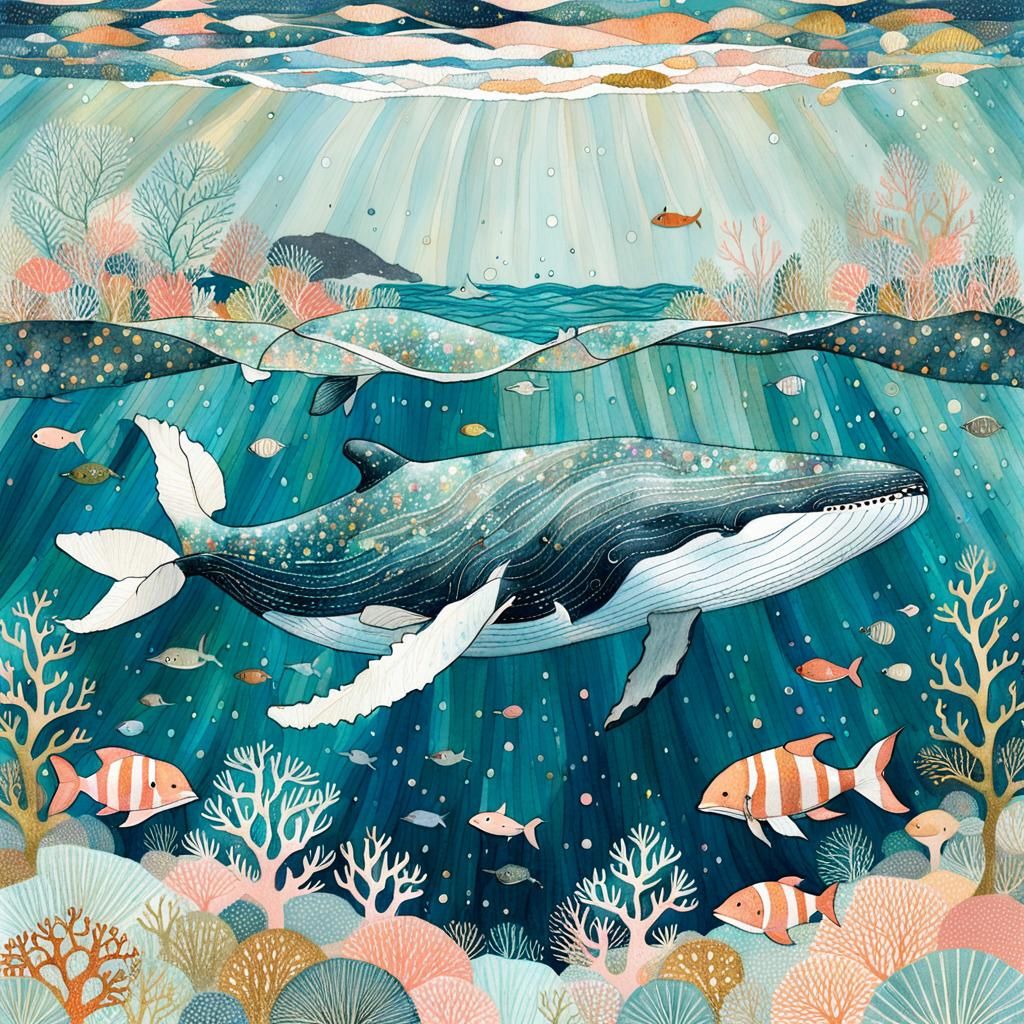 Whale in Summer Ocean: Klimt-Inspired Illustration