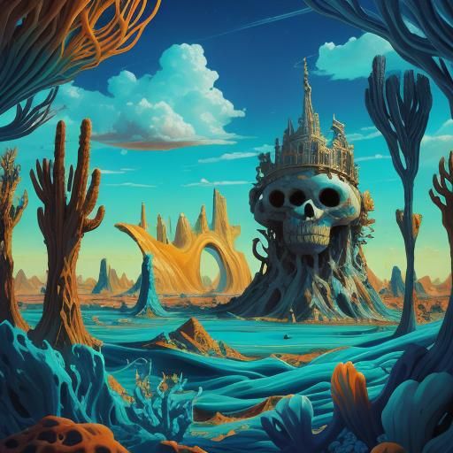 Surreal Desert and Underwater Coexistence in Oil Painting