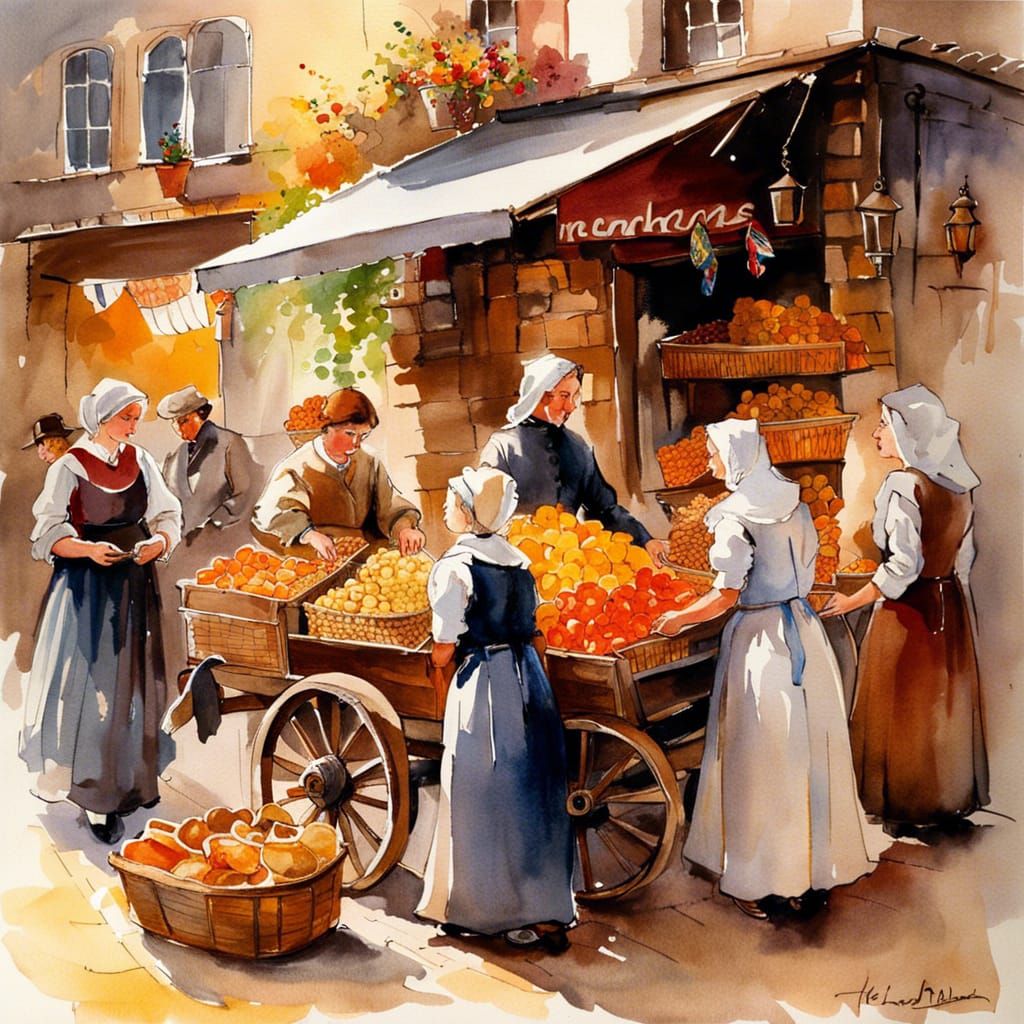 Medieval German Market in Watercolor Style