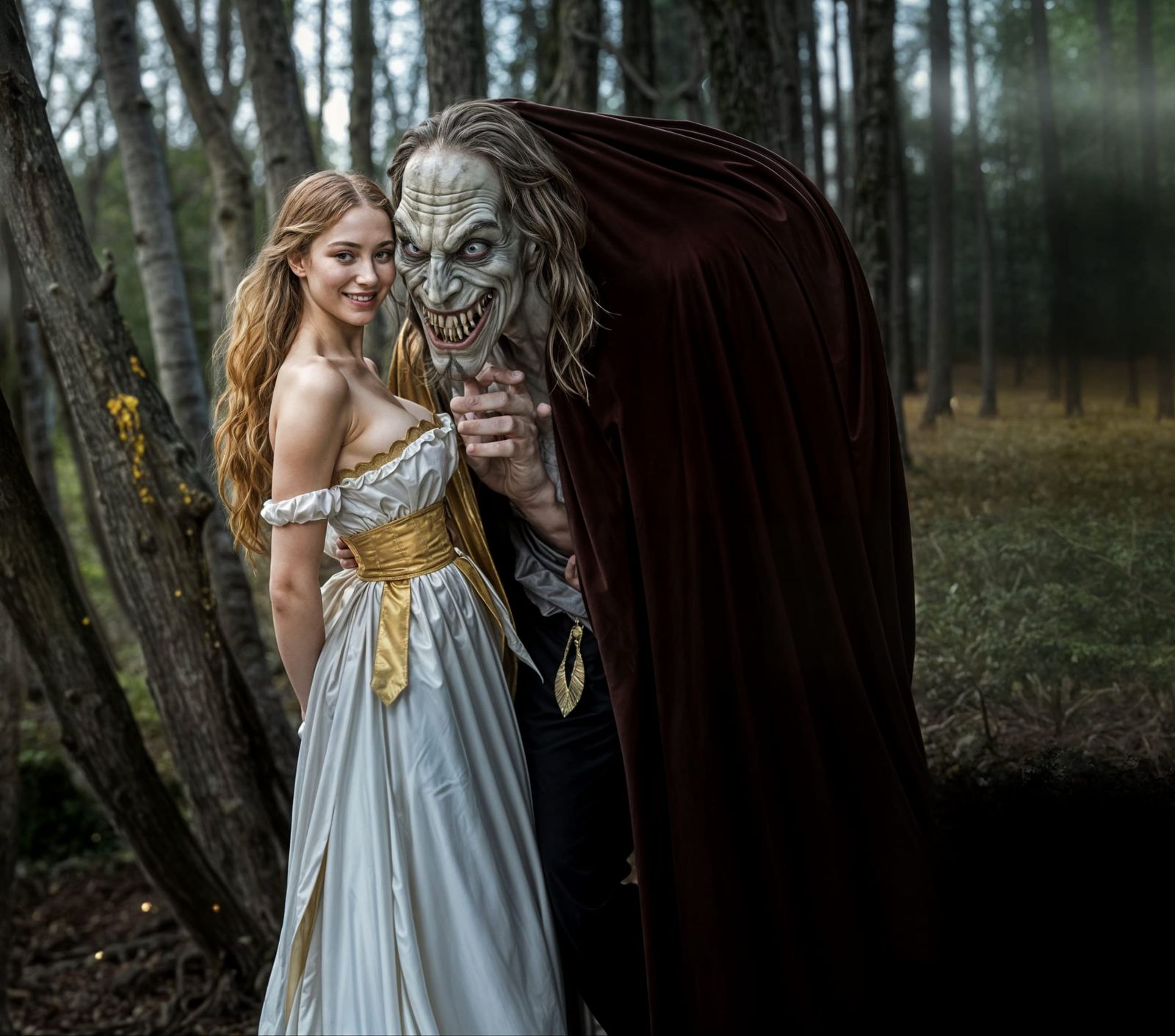 Ethereal Woman and Sinister Figure in Forest