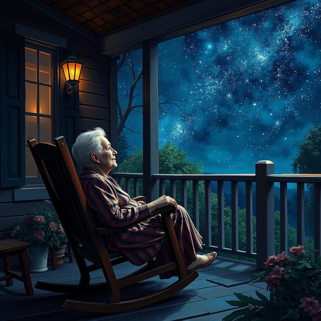 Elderly Woman Under Starlit Sky in Whimsical Matte Painting
