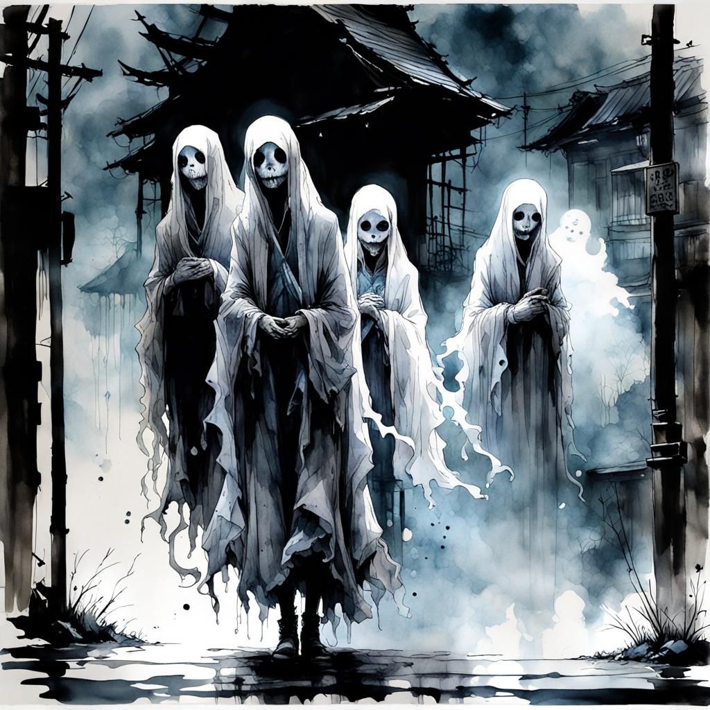 Ethereal Ghosts in Haunted Hamlet: Watercolor and Ink Art