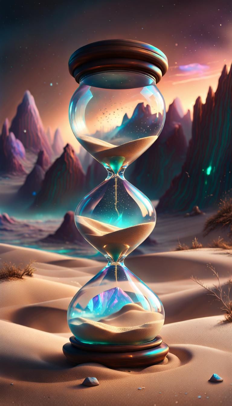 Cosmic Hourglass with Iridescent Sand in Holographic Glass