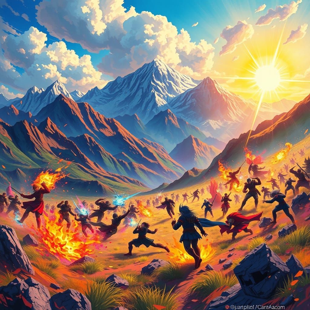 Vibrant Anime Battlefield with Magical Powers