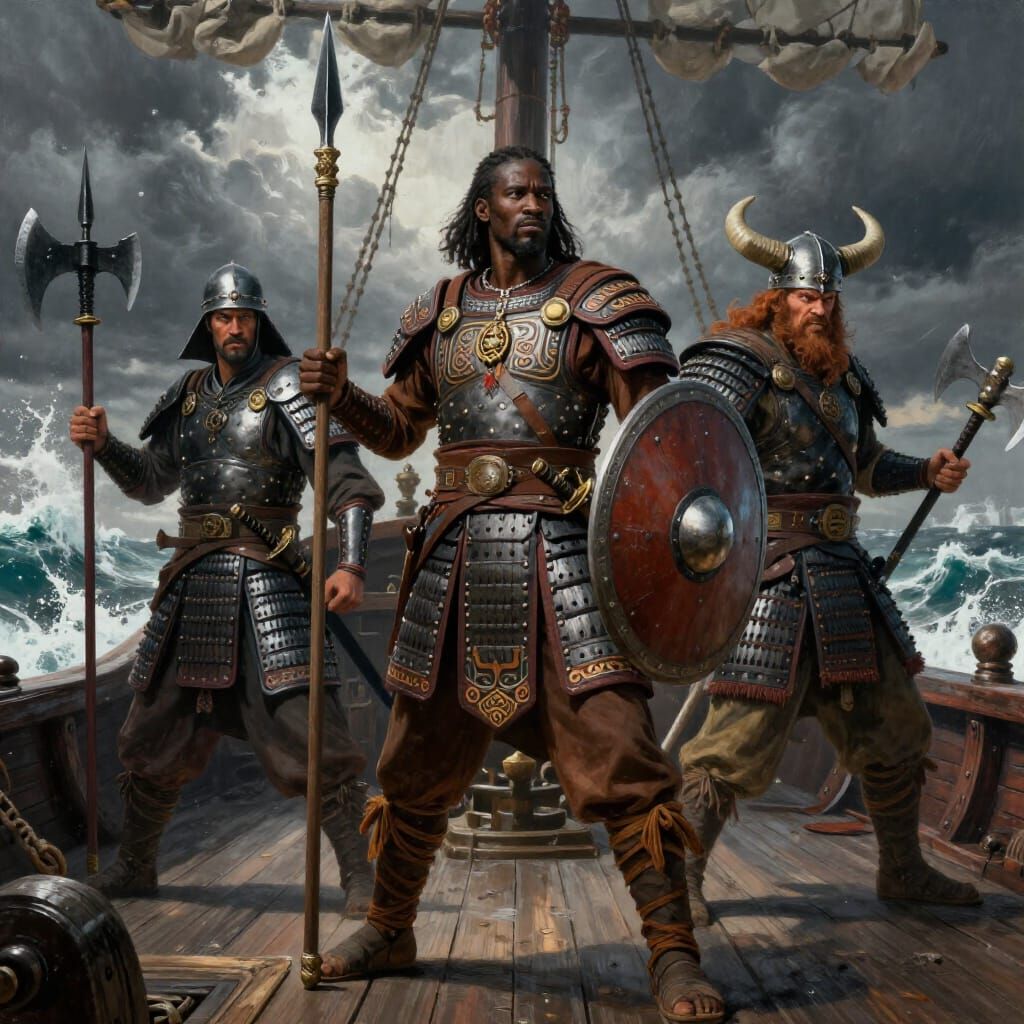 Heroic Warriors on Ancient Ship Under Stormy Skies