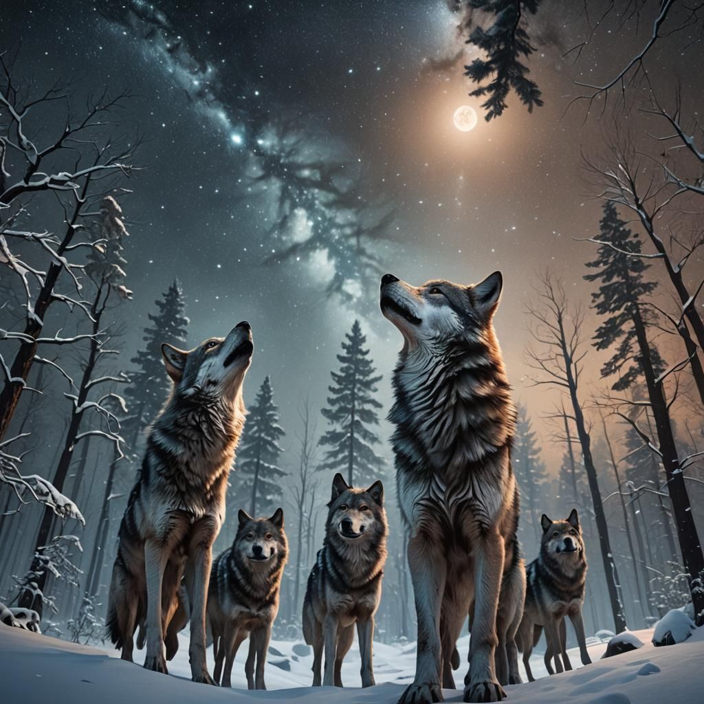 Wolves Under Starry Sky: Photorealistic Winter Scene