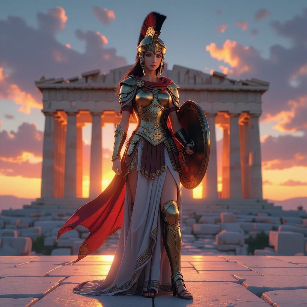 Athena at the Parthenon in 3D Anime Style