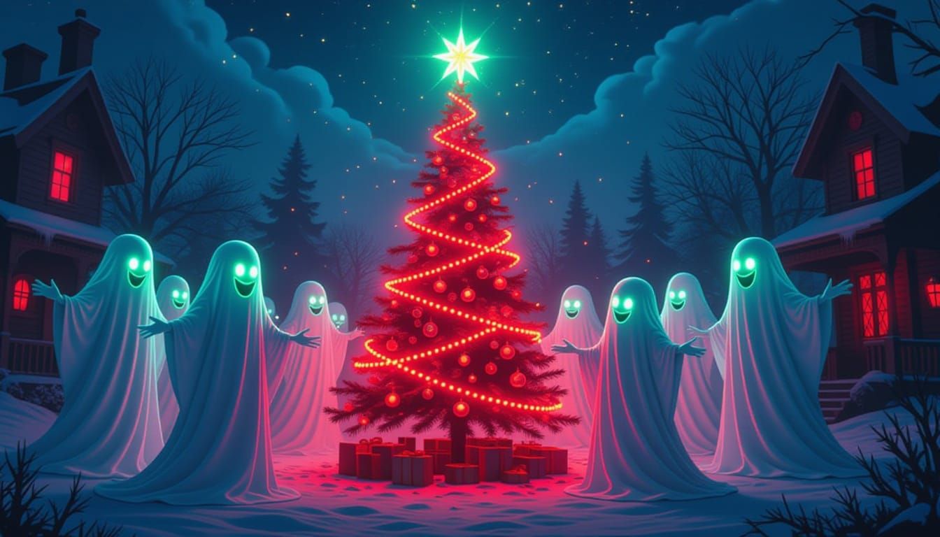 Neon Ghosts Celebrate Around Spooky Christmas Tree